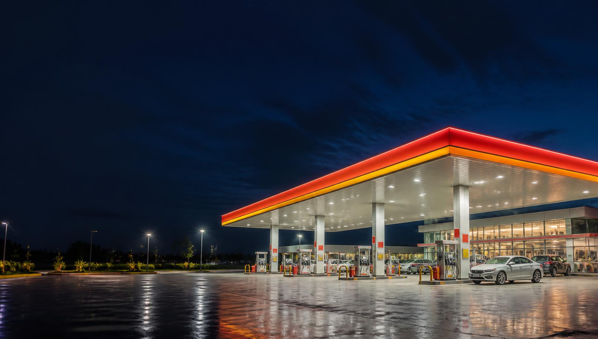 A modern petrol station illuminated at night